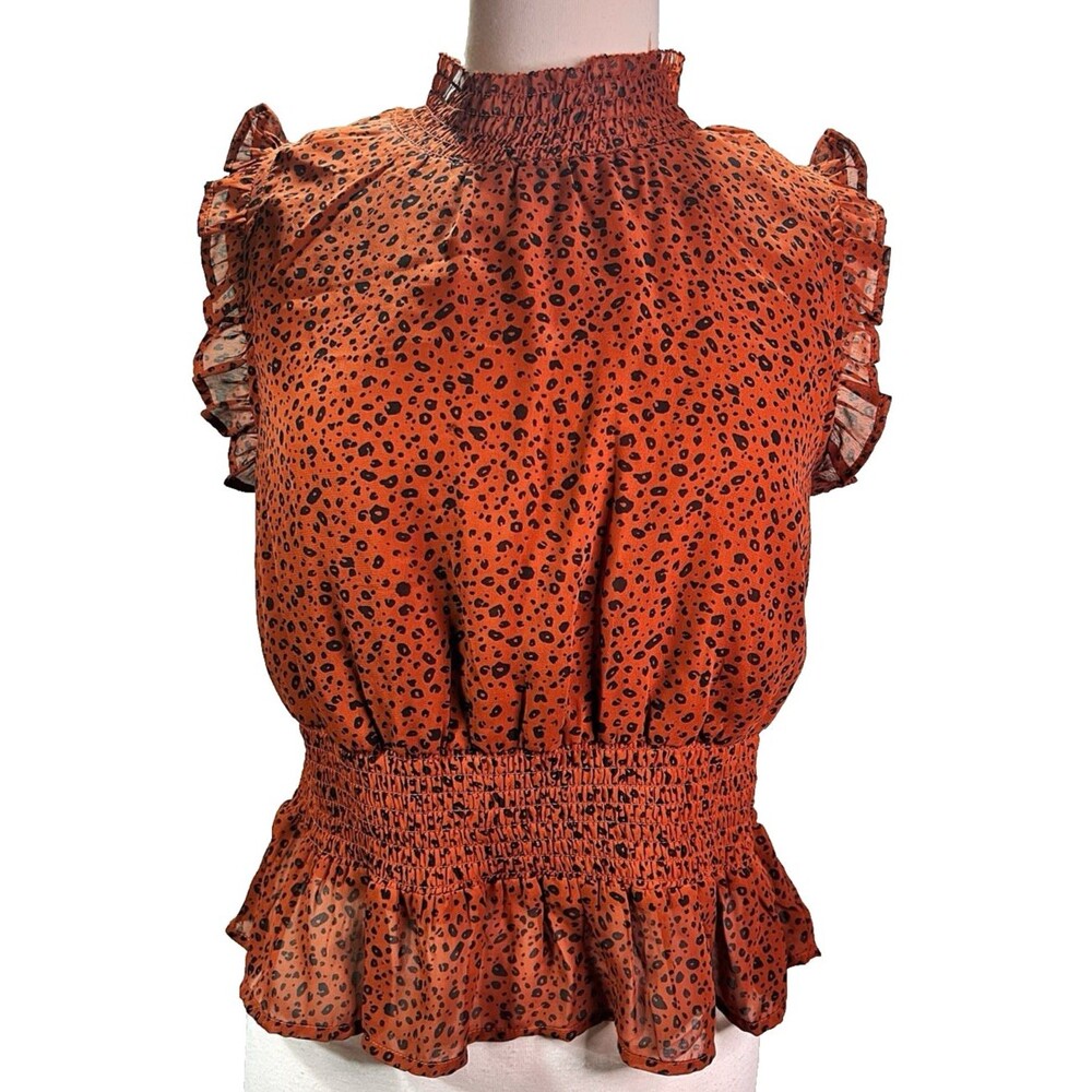 Japra Blouse Size L Women's Sleeveless Abstract Ruffle Modern Boss Lady Chic Top